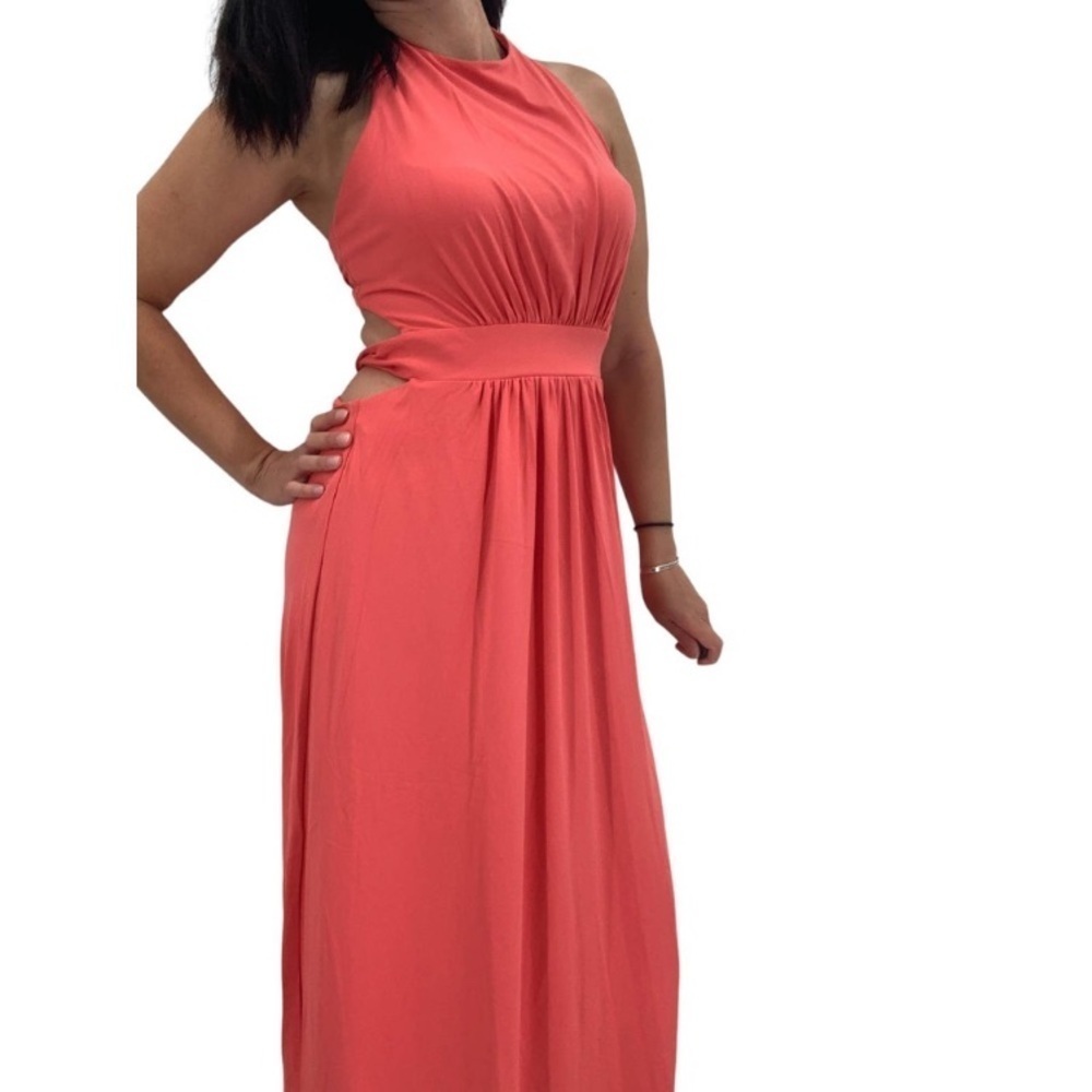 Susana Monaco High Neck Low Back Dress Size L NWOT $198 Fire Coral Red Midi Maxi